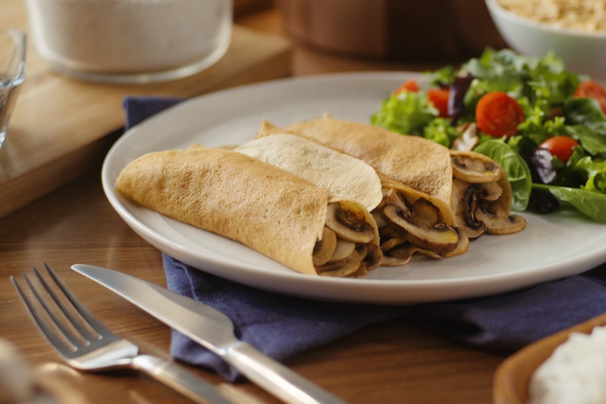 Crepas de avena Quaker® rellenas de champiñones